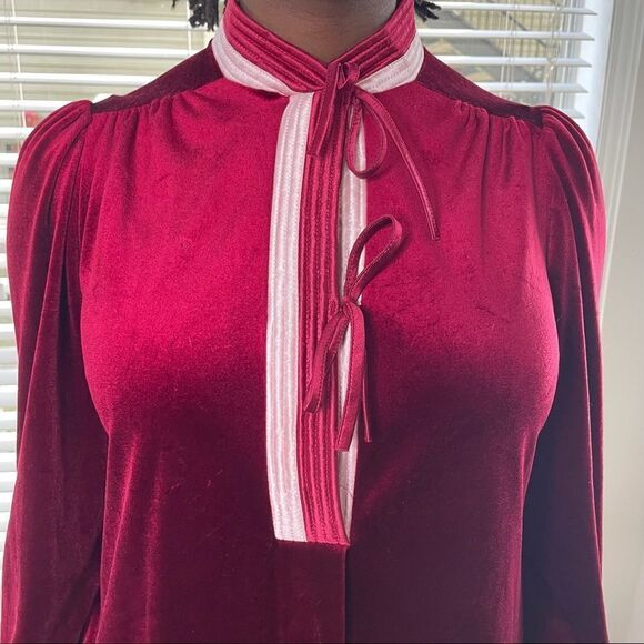 VINTAGE Barad & Co Velvet Velour Nightgown Tie Neck Puff Shoulder Mini Dress - Picture 7 of 16